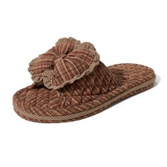 Matching Couple Indoor Slippers Vintage Floral Fabric Slides with Bow and Lace Trim Cotton Home Anti-Slip House Shoes