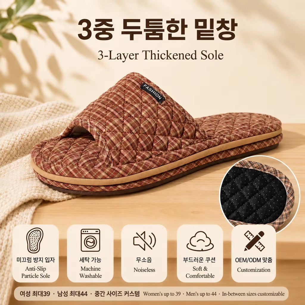 Quilted Fabric House Slippers Men Women Anti Slip Three Layer Sole Quiet Soft Comfortable All Season Indoor Wholesale