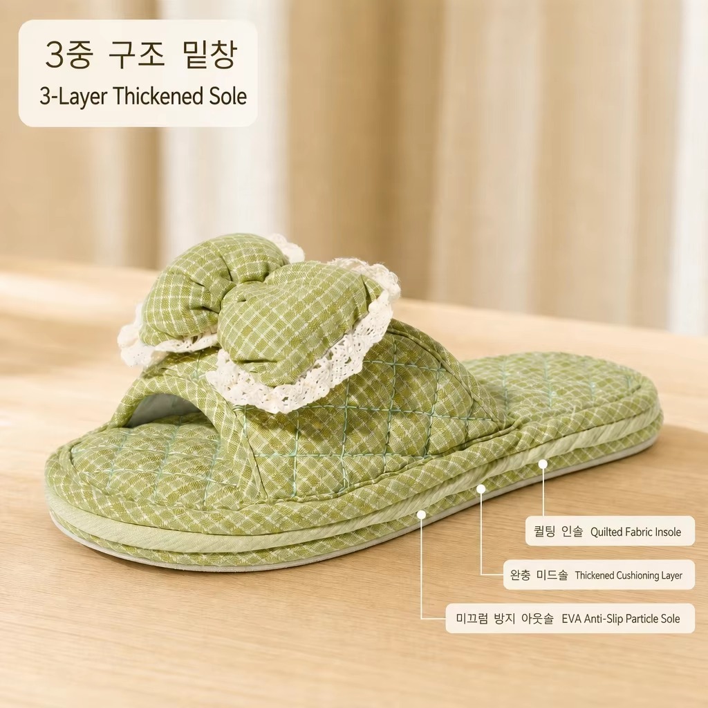 Check Fabric House Slippers Women Bow Lace Trim Open Toe Three Layer Sole Quiet Soft Korean Style Indoor Wholesale