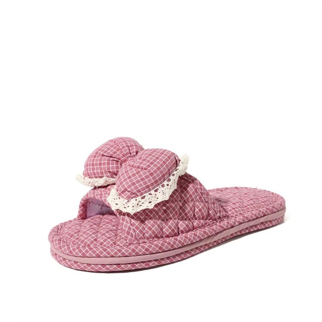 Check Fabric House Slippers Women Bow Lace Trim Open Toe Three Layer Sole Quiet Soft Korean Style Indoor Wholesale