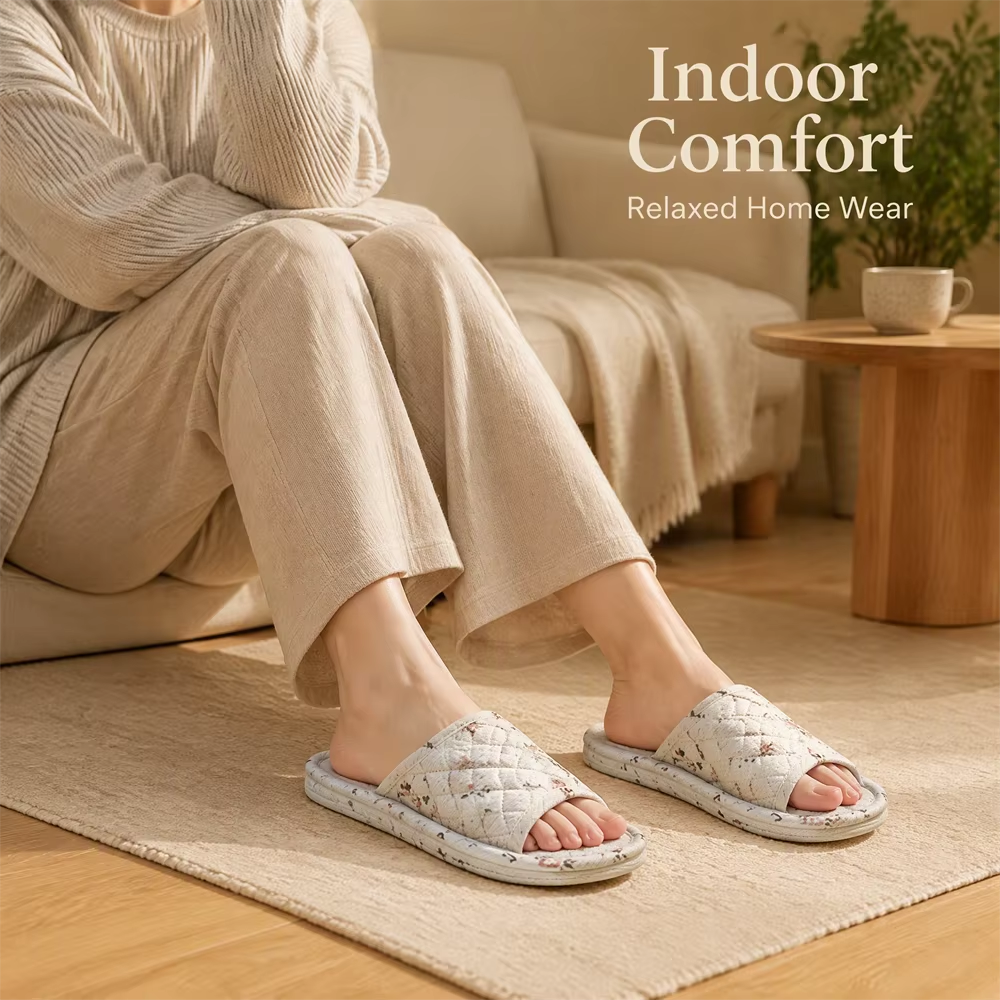 New Women's Indoor House for Soft Cotton Fabric Korean Style Two-Layer Sole Anti-Slip Machine Washable Floral