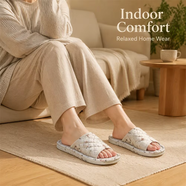 New Women's Indoor House for Soft Cotton Fabric Korean Style Two-Layer Sole Anti-Slip Machine Washable Floral