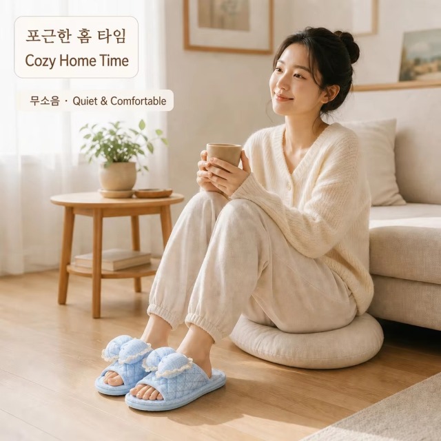 Check Fabric House Slippers Women Bow Lace Trim Open Toe Three Layer Sole Quiet Soft Korean Style Indoor Wholesale
