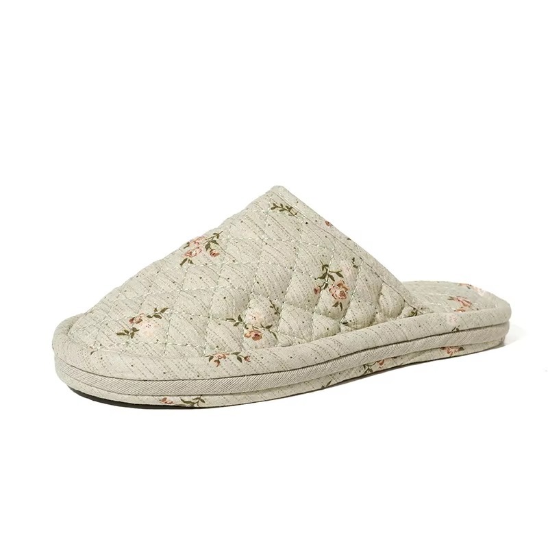 New Women's Indoor House for Soft Cotton Fabric Korean Style Two-Layer Sole Anti-Slip Machine Washable Floral