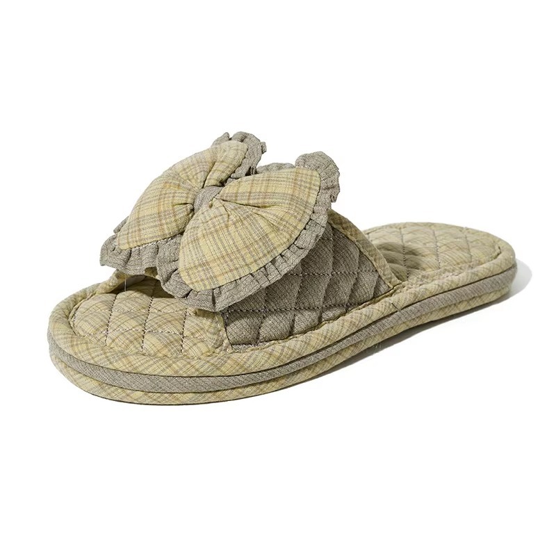 Matching Couple Indoor Slippers Vintage Floral Fabric Slides with Bow and Lace Trim Cotton Home Anti-Slip House Shoes