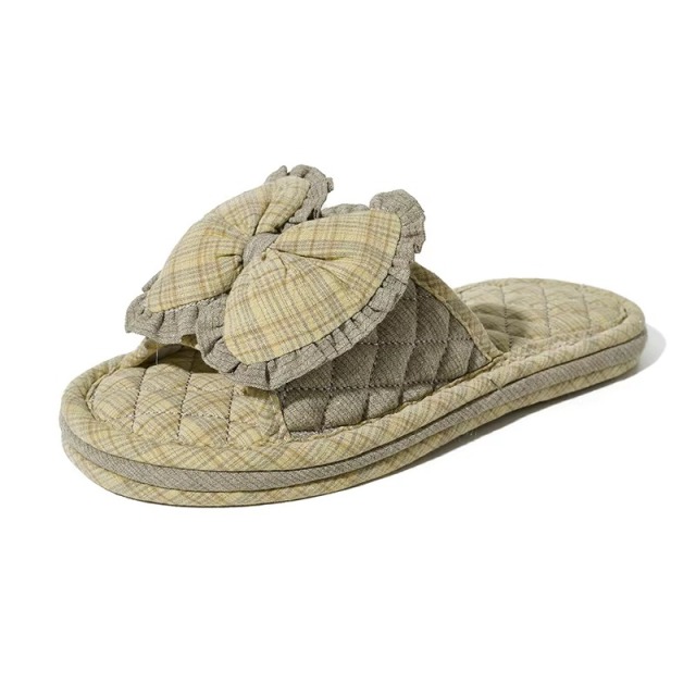 Matching Couple Indoor Slippers Vintage Floral Fabric Slides with Bow and Lace Trim Cotton Home Anti-Slip House Shoes