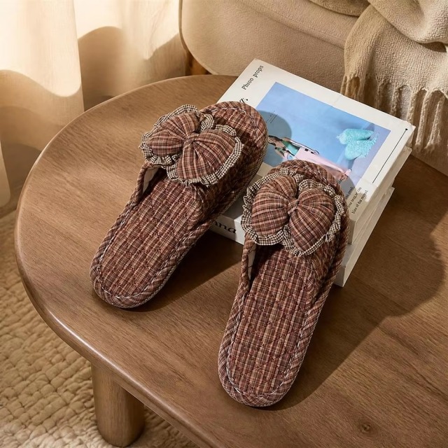 Matching Couple Indoor Slippers Vintage Floral Fabric Slides with Bow and Lace Trim Cotton Home Anti-Slip House Shoes