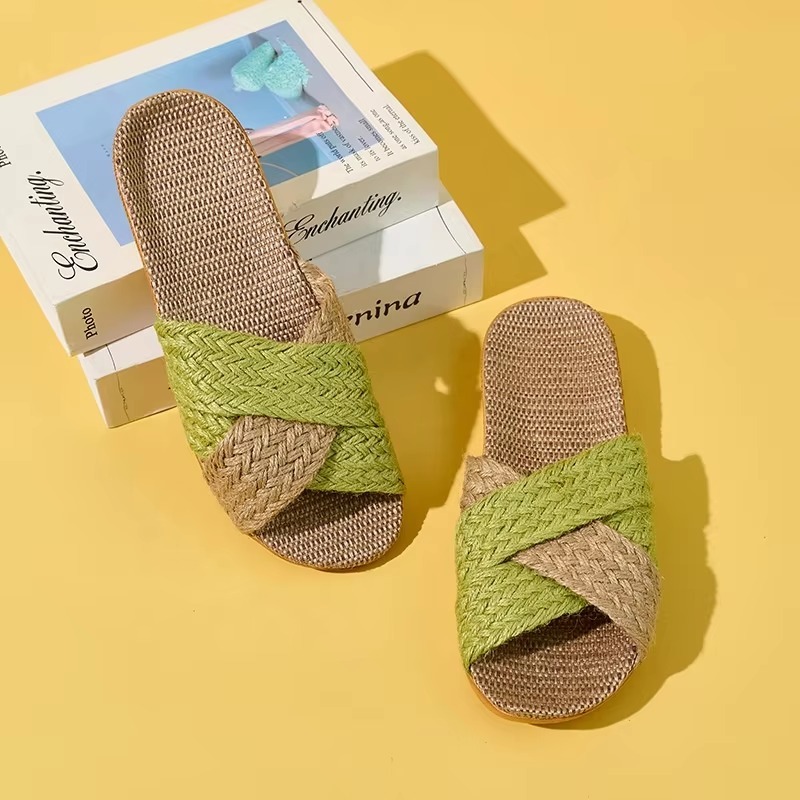 Wholesale Cross Strap Linen House Slippers Men Women Quiet Breathable Moisture Wicking Lightweight Indoor Slipper