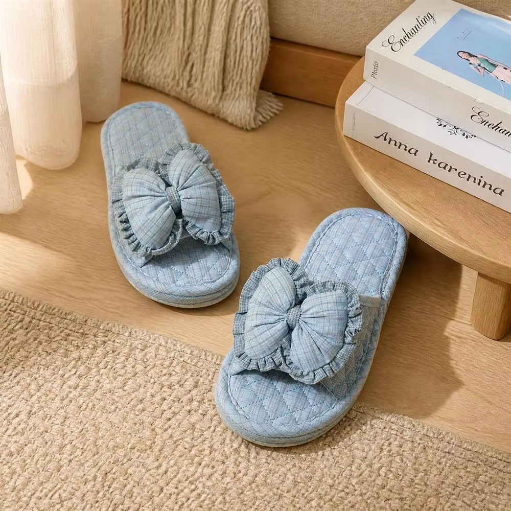 Matching Couple Indoor Slippers Vintage Floral Fabric Slides with Bow and Lace Trim Cotton Home Anti-Slip House Shoes