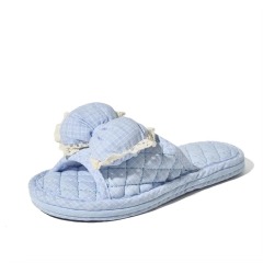 Check Fabric House Slippers Women Bow Lace Trim Open Toe Three Layer Sole Quiet Soft Korean Style Indoor Wholesale