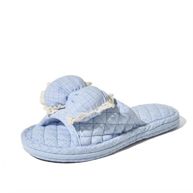 Check Fabric House Slippers Women Bow Lace Trim Open Toe Three Layer Sole Quiet Soft Korean Style Indoor Wholesale
