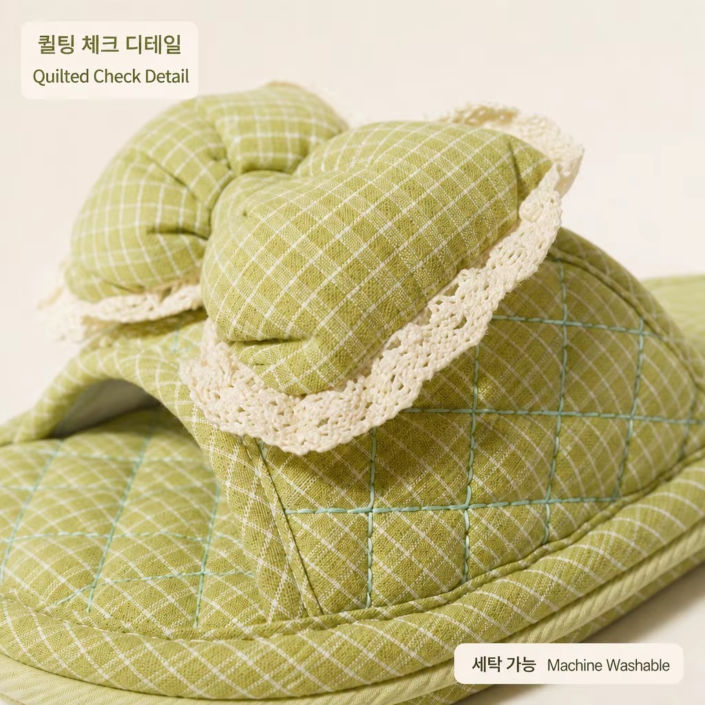Check Fabric House Slippers Women Bow Lace Trim Open Toe Three Layer Sole Quiet Soft Korean Style Indoor Wholesale