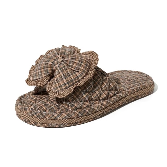Matching Couple Indoor Slippers Vintage Floral Fabric Slides with Bow and Lace Trim Cotton Home Anti-Slip House Shoes