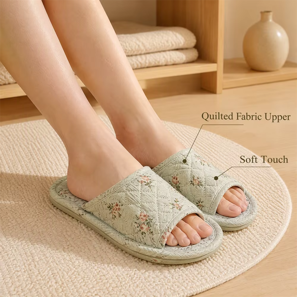 New Women's Indoor House for Soft Cotton Fabric Korean Style Two-Layer Sole Anti-Slip Machine Washable Floral