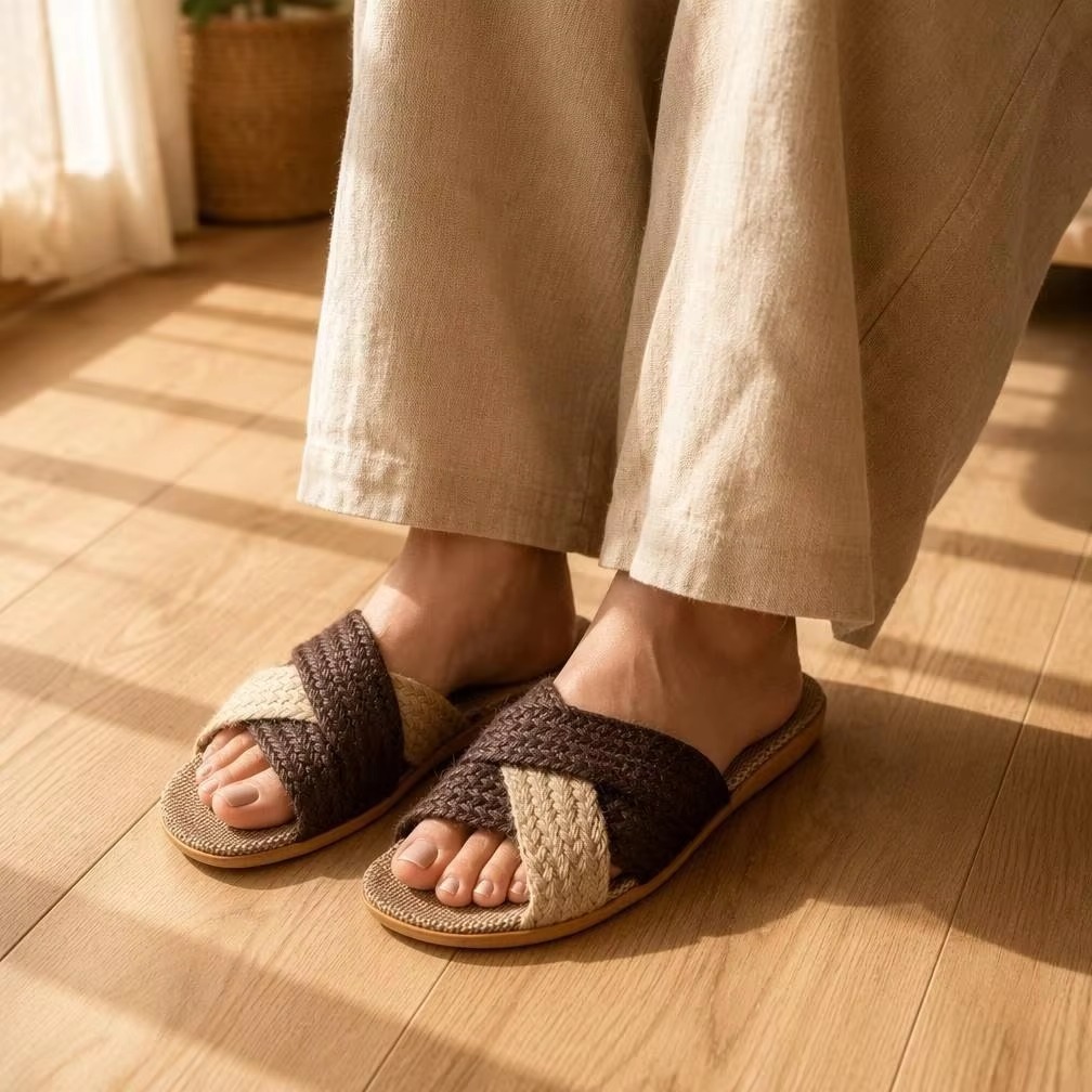 Wholesale Cross Strap Linen House Slippers Men Women Quiet Breathable Moisture Wicking Lightweight Indoor Slipper