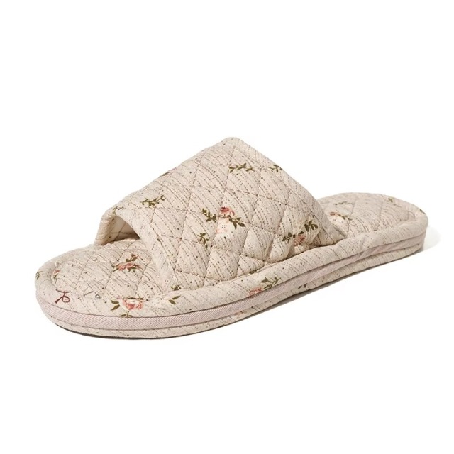 New Women's Indoor House for Soft Cotton Fabric Korean Style Two-Layer Sole Anti-Slip Machine Washable Floral