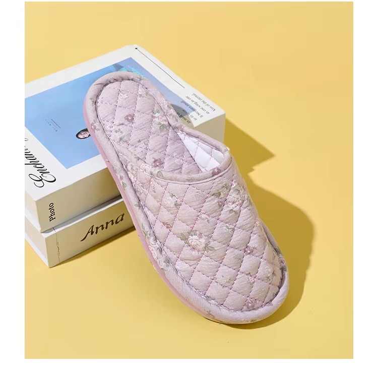 New Women's Indoor House for Soft Cotton Fabric Korean Style Two-Layer Sole Anti-Slip Machine Washable Floral