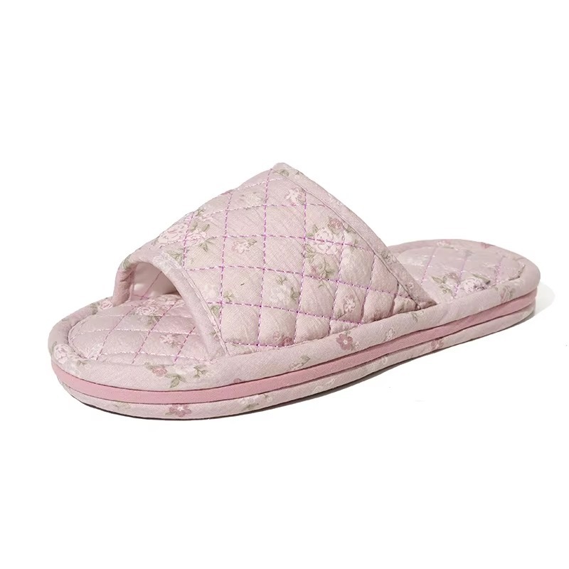 New Women's Indoor House for Soft Cotton Fabric Korean Style Two-Layer Sole Anti-Slip Machine Washable Floral