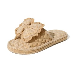 Matching Couple Indoor Slippers Vintage Floral Fabric Slides with Bow and Lace Trim Cotton Home Anti-Slip House Shoes