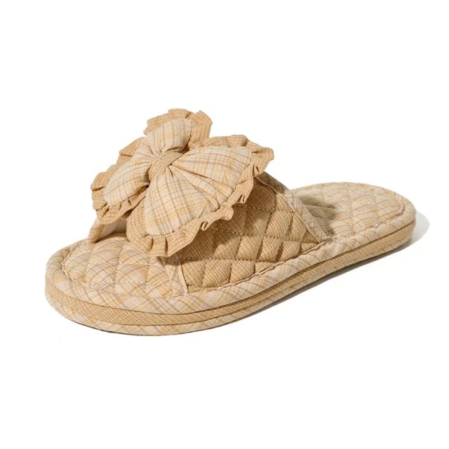 Matching Couple Indoor Slippers Vintage Floral Fabric Slides with Bow and Lace Trim Cotton Home Anti-Slip House Shoes