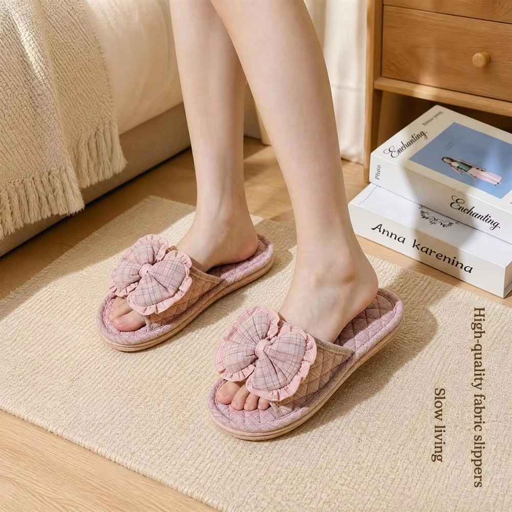 Matching Couple Indoor Slippers Vintage Floral Fabric Slides with Bow and Lace Trim Cotton Home Anti-Slip House Shoes