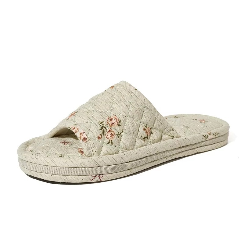 New Women's Indoor House for Soft Cotton Fabric Korean Style Two-Layer Sole Anti-Slip Machine Washable Floral
