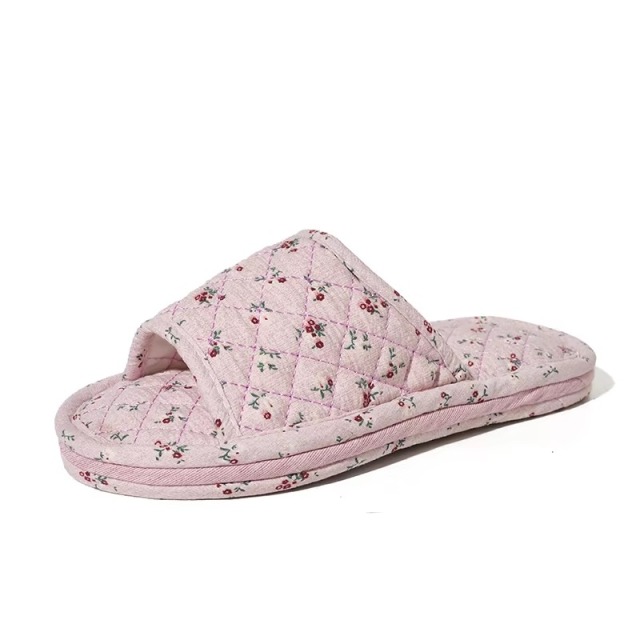 New Women's Indoor House for Soft Cotton Fabric Korean Style Two-Layer Sole Anti-Slip Machine Washable Floral