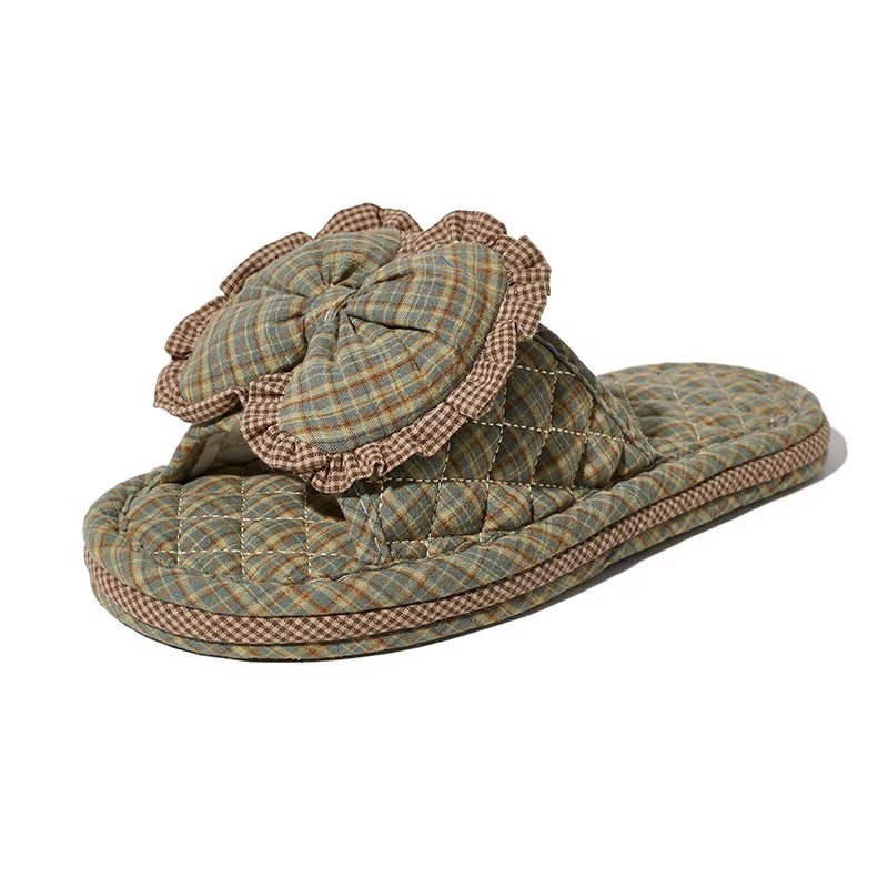 Matching Couple Indoor Slippers Vintage Floral Fabric Slides with Bow and Lace Trim Cotton Home Anti-Slip House Shoes