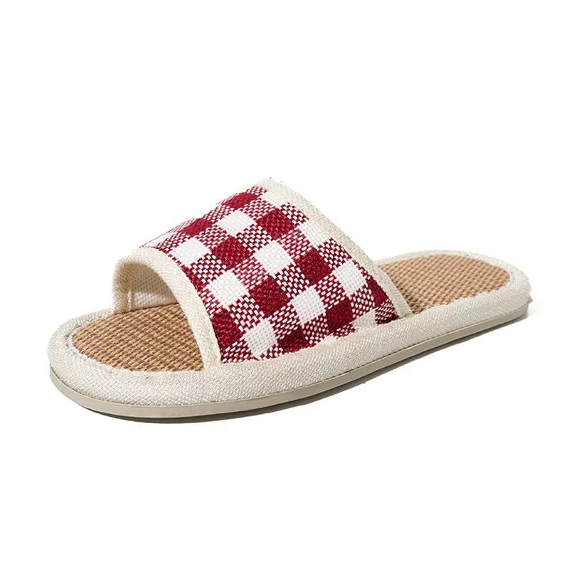 New Japanese Korean Style Linen Slippers for Suitable Indoor All Seasons Featuring Plaid Pattern Silent Non-slip Design Slippers