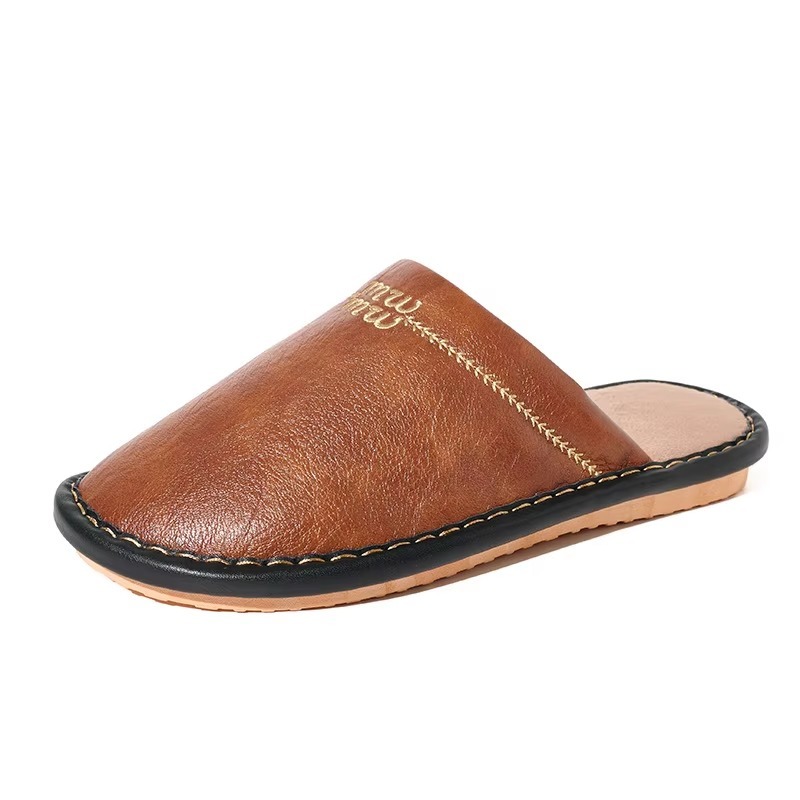 New Autumn/winter Japanese-style Cowhide Leather-toe Slippers Indoor Home Couples Warm Fleece-lined Thickened Slippers