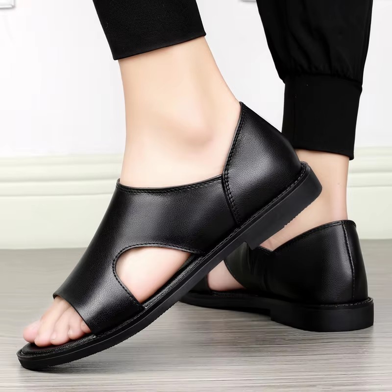 Men's Summer Breathable Genuine Leather Slip-On Roman Sandals Casual Beach Shoes