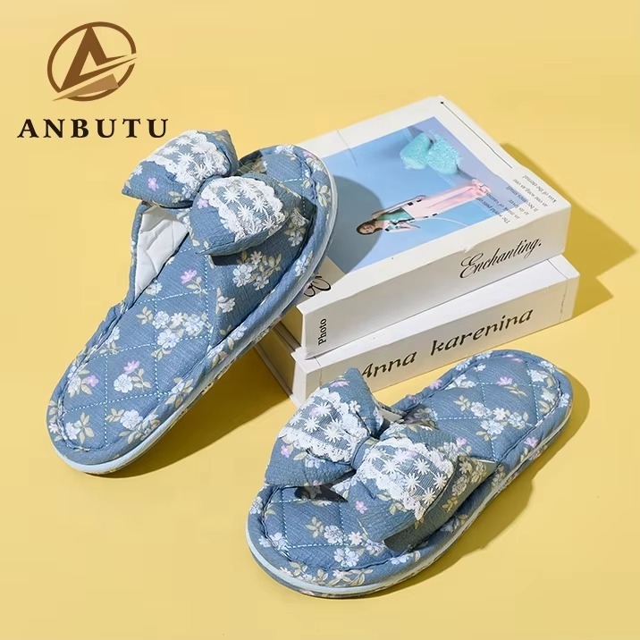 Korean Style Indoor Slippers Ladies Floral Bow Ribbon Lace Detail Three Layer Sole Grip Dot Anti Skid Washable OEM