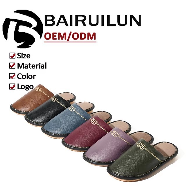 New Autumn/winter Japanese-style Cowhide Leather-toe Slippers Indoor Home Couples Warm Fleece-lined Thickened Slippers