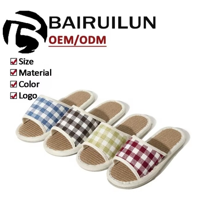 New Japanese Korean Style Linen Slippers for Suitable Indoor All Seasons Featuring Plaid Pattern Silent Non-slip Design Slippers