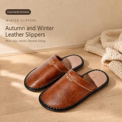 New Autumn/winter Japanese-style Cowhide Leather-toe Slippers Indoor Home Couples Warm Fleece-lined Thickened Slippers