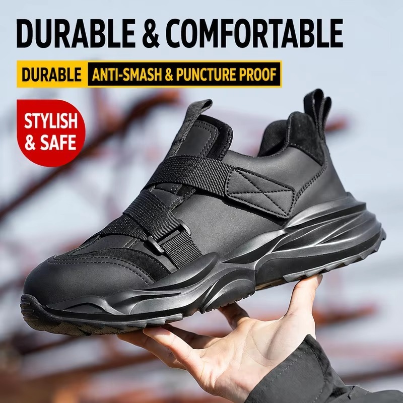 Microfiber Leather Steel Toe Safety Shoes for Men Hook & Loop Straps Slip & Puncture Resistant Mining Construction
