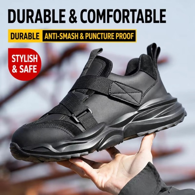 Microfiber Leather Steel Toe Safety Shoes for Men Hook & Loop Straps Slip & Puncture Resistant Mining Construction