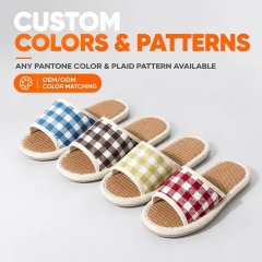 New Japanese Korean Style Linen Slippers for Suitable Indoor All Seasons Featuring Plaid Pattern Silent Non-slip Design Slippers