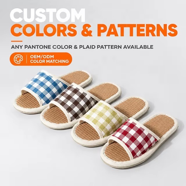 New Japanese Korean Style Linen Slippers for Suitable Indoor All Seasons Featuring Plaid Pattern Silent Non-slip Design Slippers