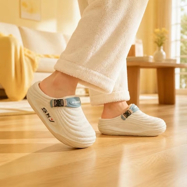Winter Sports Slipper Fleece Lined Ribbed Knit Collar Side Release Buckle Anti Slip Chunky Sole EVA Clogs Indoor Outdoor