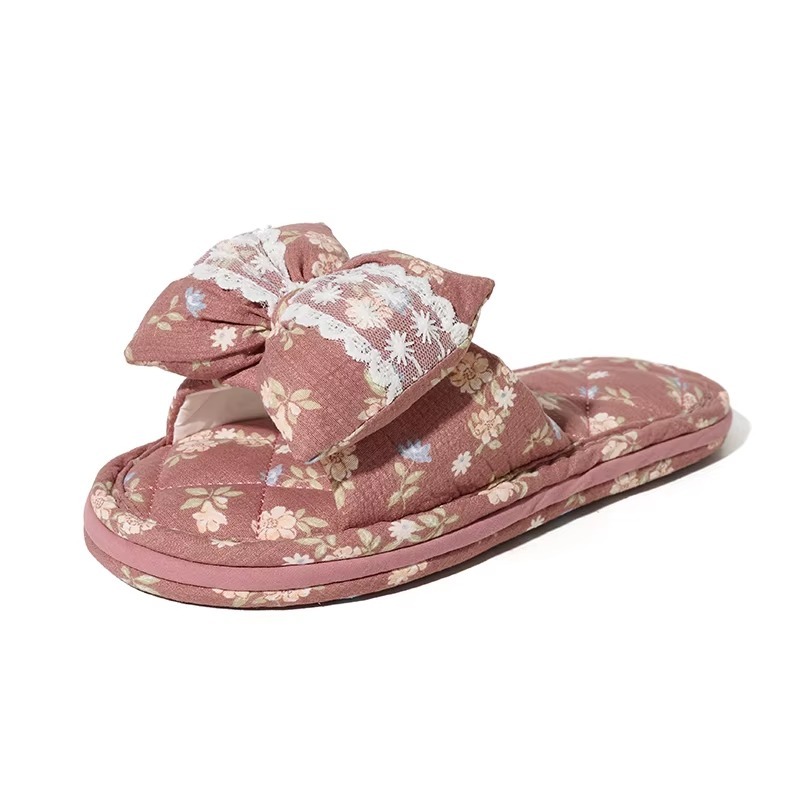 Korean Style Indoor Slippers Ladies Floral Bow Ribbon Lace Detail Three Layer Sole Grip Dot Anti Skid Washable OEM