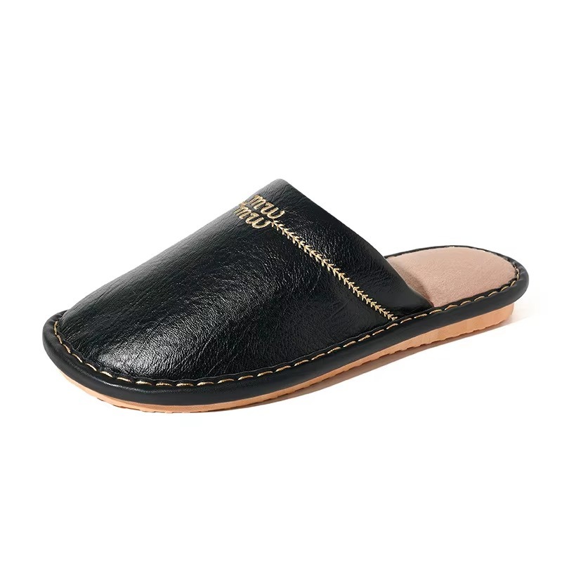 New Autumn/winter Japanese-style Cowhide Leather-toe Slippers Indoor Home Couples Warm Fleece-lined Thickened Slippers