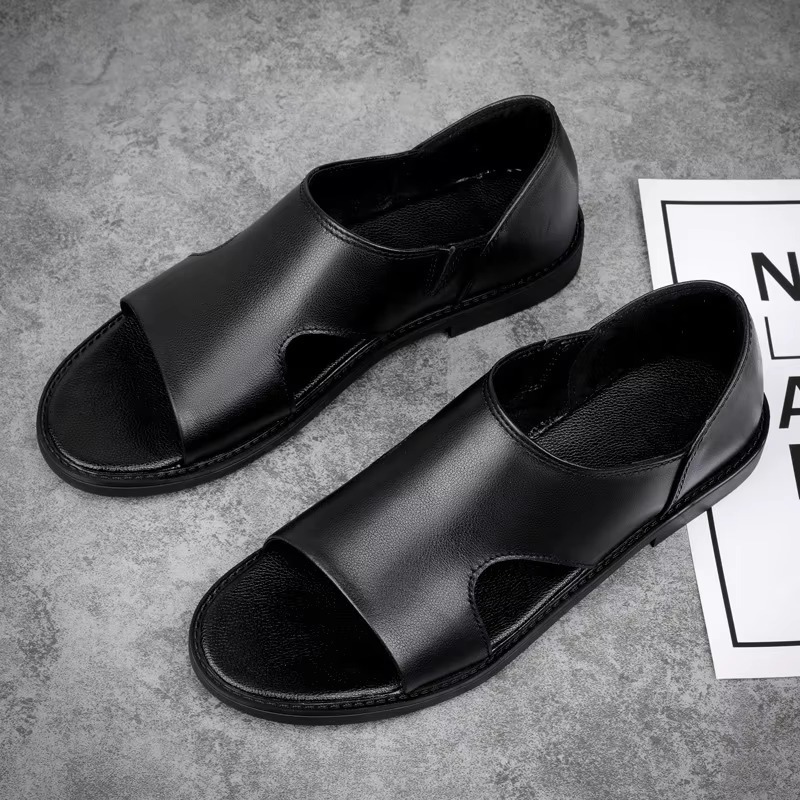 Men's Summer Breathable Genuine Leather Slip-On Roman Sandals Casual Beach Shoes