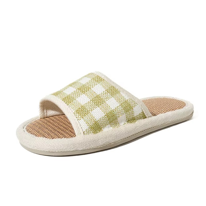 New Japanese Korean Style Linen Slippers for Suitable Indoor All Seasons Featuring Plaid Pattern Silent Non-slip Design Slippers