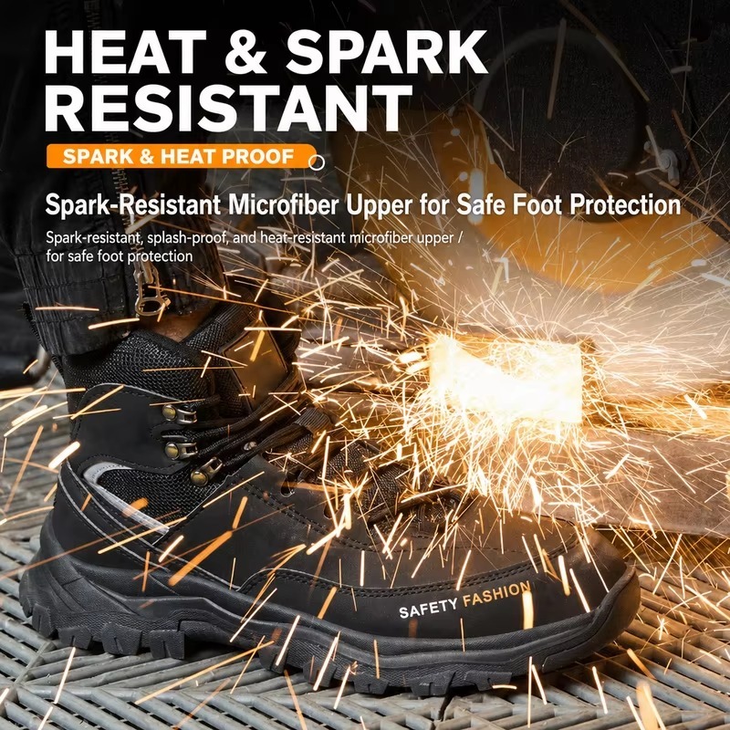 Microfiber Leather Mens Safety Shoes Steel Toe Slip & Puncture Resistant High Work Boots for Construction Mining