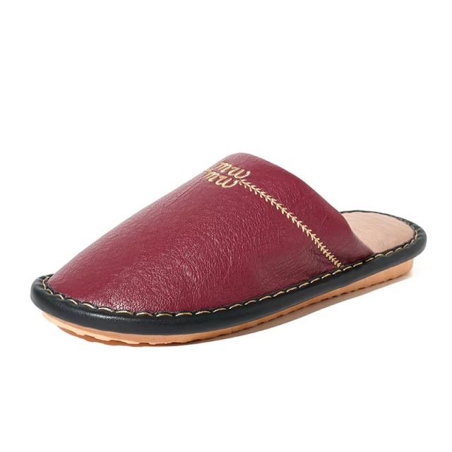 New Autumn/winter Japanese-style Cowhide Leather-toe Slippers Indoor Home Couples Warm Fleece-lined Thickened Slippers