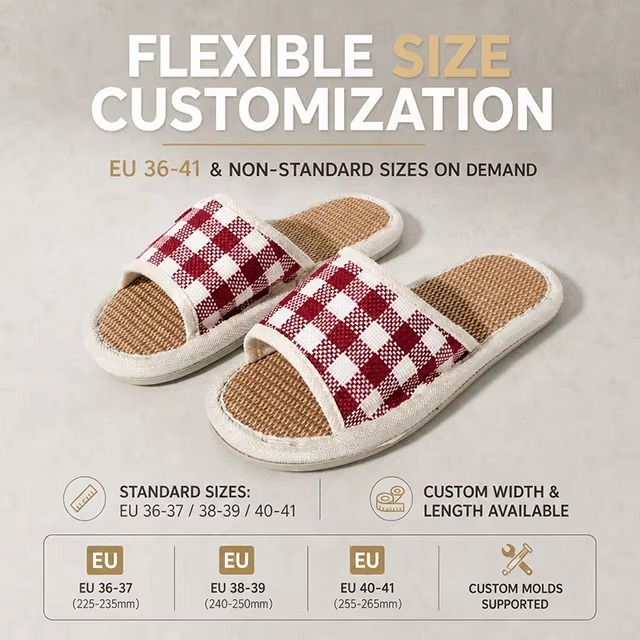 New Japanese Korean Style Linen Slippers for Suitable Indoor All Seasons Featuring Plaid Pattern Silent Non-slip Design Slippers