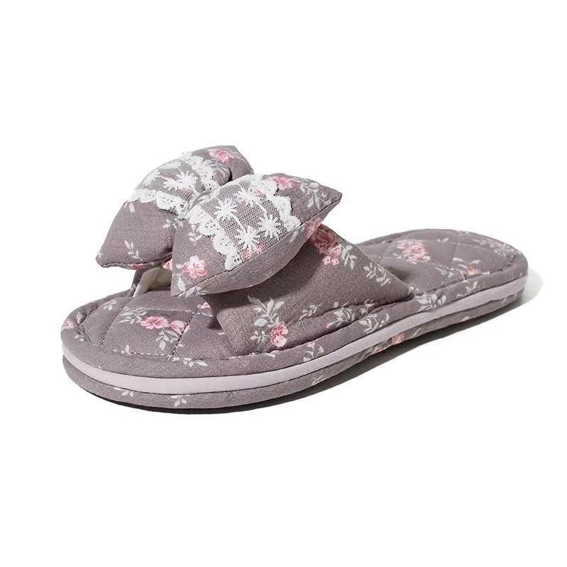 Korean Style Indoor Slippers Ladies Floral Bow Ribbon Lace Detail Three Layer Sole Grip Dot Anti Skid Washable OEM