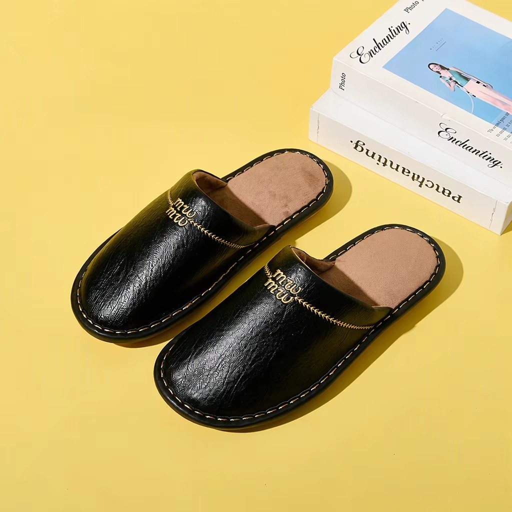 New Autumn/winter Japanese-style Cowhide Leather-toe Slippers Indoor Home Couples Warm Fleece-lined Thickened Slippers