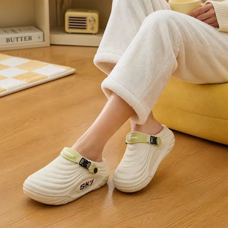 Winter Sports Slipper Fleece Lined Ribbed Knit Collar Side Release Buckle Anti Slip Chunky Sole EVA Clogs Indoor Outdoor